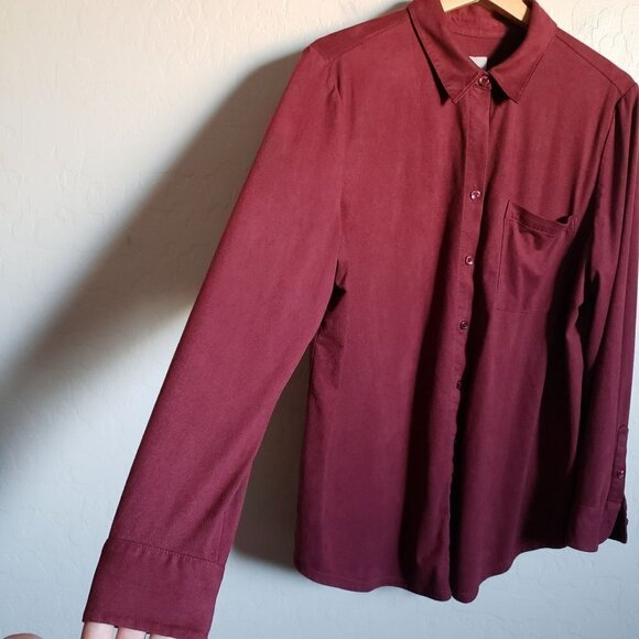 Chico's Everyday Faux-Suede Button Front Shirt Long Sleeves Maroon Women's Large - Picture 6 of 11